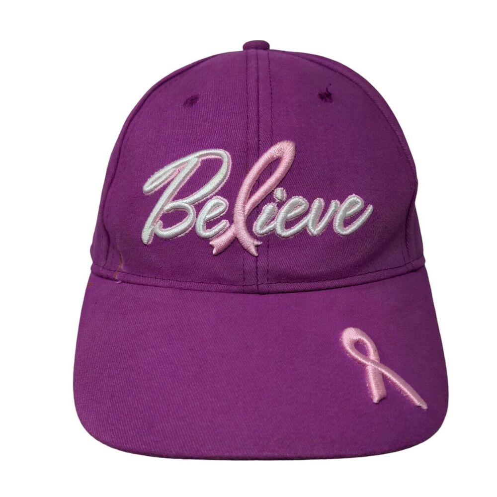Believe Strapback Hat Purple OSFM Embroidered Pink Ribbon 6 Panel